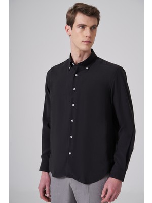 Morven  Erkek Siyah Dynamic Fit Düğmeli Yaka Gömlek Modal
