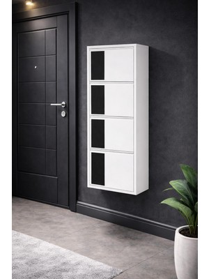 Karlı 4'lü Beyaz ( Siyah Ahşap Desenli ) Metal Ayakkabılık