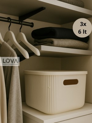PremiumPort 6 Lt Saklama Kutusu Seti, Krem, Kapaklı, 3'lü Paket