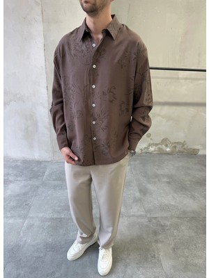 Difransel Jeans Desenli Oversize Premium Modern Kesim Kahverengi Gömlek