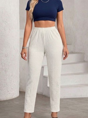 Trendseninle Kadın Beyaz Yüksek Bel Bürümcük Kumaş Yazlık Ev & Günlük Pantolon