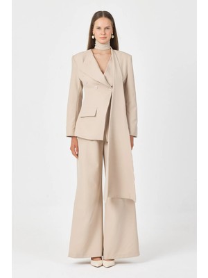 Diemmood Kadın Modern Şal Detaylı Pantolon Ceket Bej Takım