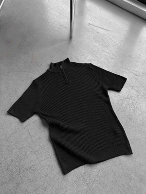 Elku Moda Erkek Premium Ribanalı Yarım Fermuarlı Kısa Kollu Triko Tişört Dik Yaka Merserize T-Shırt
