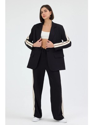 Diemmood Kadın Yan Şerit Detaylı Oversize Blazer Ceket & Palazzo Siyah Takım