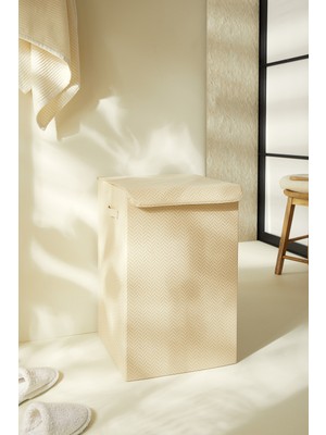 PremiumPort Bej Kapaklı Katlanır Çocuk Odası Kirli Çamaşırı Saklama Kutusu