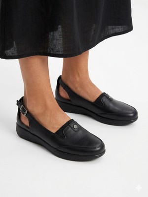 Kaof Shoes Kadın Siyah Içi Hakiki Deri Klasik Ayakkabı Ortopedik Anne Ayakkabısı Anne Babet Günlük Ayakkabı