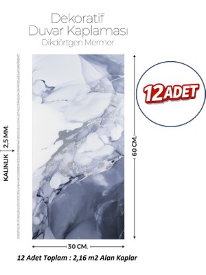 Brano 30X60 cm Kendinden Yapışkanlı Duvar,banyo,tezgah Arası Kaplama Gri-Mavi Mermer 12 Adet