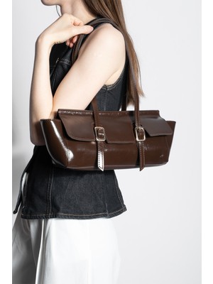 Marjin Kadın Düğme Kapama Iç Cepli Kemerli Gold Tokalı El ve Omuz Çantası Orya Kahve