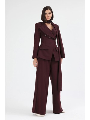 Diemmood Kadın Modern Şal Detaylı Pantolon Ceket Mürdüm Takım