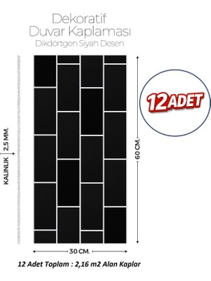 Brano 30X60 cm Kendinden Yapışkanlı Duvar,banyo,tezgah Arası Kaplama Siyah Tuğla Desen 12 Adet