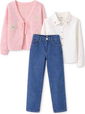 Kız Çocuk Hırka Gömlek Jean Pantolon 3’lü Takım