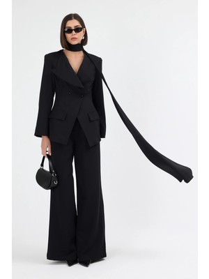 Diemmood Kadın Modern Şal Detaylı Pantolon Ceket Siyah Takım