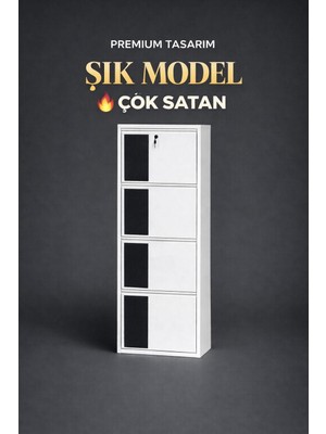 Karlı 4'lü Kilitli Beyaz ( Siyah Ahşap Desenli ) Metal Ayakkabılık