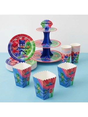 Umamiçe Pijamaskeliler Parti Seti – 8'li Mısır Kutusu + 8'li Tabak Bardak + Kek Standı