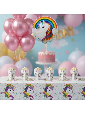 Umamiçe Unıcorn Parti Seti – 10 Pembe Balon + 8'li Mısır Kutusu + Folyo Balon + Masa Örtüsü