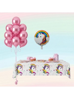 Umamiçe Unıcorn Parti Seti – 10 Pembe Balon + Folyo Balon + Masa Örtüsü