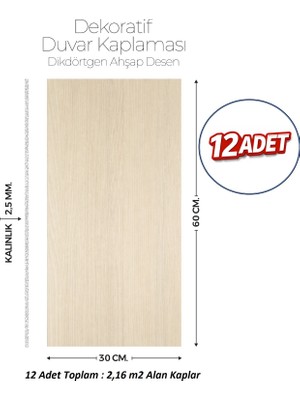 Brano 30X60 cm Kendinden Yapışkanlı Duvar,banyo,tezgah Arası Kaplama Doğal Ahşap Desen 12 Adet