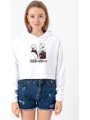 Tshirthane Jujutsu Kaisen Anime Long Beyaz Optik Kadın Crop Kapşonlu