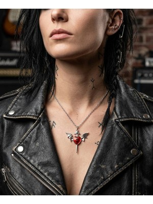 Vintage Takı Gothic Y2K Yarasa Kanatlı Kırmızı Kalp Kolye : Punk Style Grunge Kırmızı Kalp Detaylı Kolye
