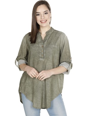 Uzun Kol Şile Bezi Akasya Yazlık Bluz Haki Hk