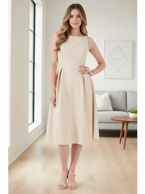 Lela Regular Fit Bisiklet Yaka Cepli Pileli Midi Boy Abiye Elbise Bayan Elbise 6111963