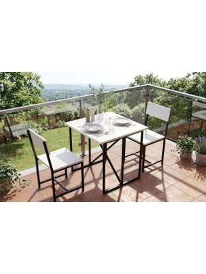 Pratico Piko 2 Sandalyeli Masa Takımı Beyaz – Metal Profil Portatif Mutfak Balkon Masa Seti