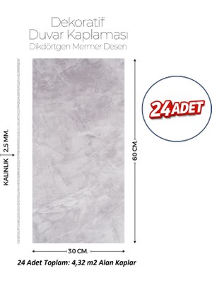 Brano 30X60 cm Kendinden Yapışkanlı Duvar,banyo,tezgah Arası Kaplama Açık Gri-24 Adet