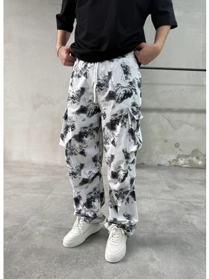 Difransel Jeans Batik Desenli Beyaz Paraşüt Pantolon