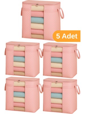 PremiumPort 5'li Pencereli Saklama Çantası, 50X45X30 Cm, Pembe Benekli