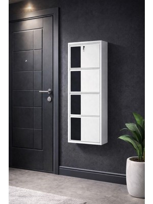 Arinna 4'lü Kilitli Beyaz ( Siyah Ahşap Desenli ) Metal Ayakkabılık