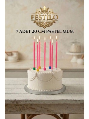 Festilo 7'li Uzun Mum 20 cm Pasta Mumu Pembe Pastel Renk Parti Malzemeleri Doğum Günü Süsleri