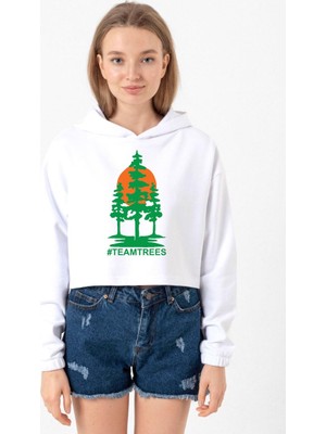Tshirthane Mr Beast Team Trees Beyaz Optik Kadın Crop Kapşonlu