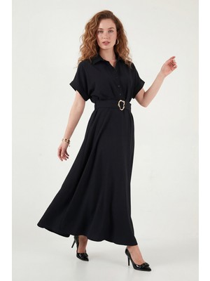 Lela Gömlek Yaka Kemerli Maxi Boy Elbise Bayan Elbise 6922376