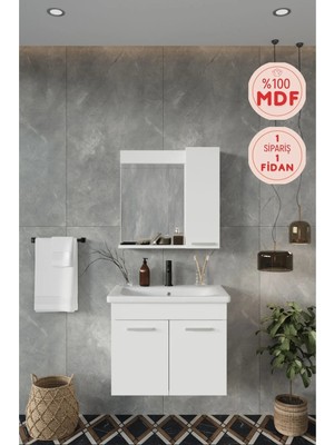 Balneom Banyo Defne 02 65  65 cm Demonte Banyo Dolabı+Aynalı Dolaplı  Üst Dolap+Seramik Lavabo