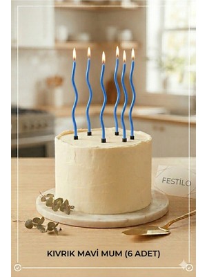 Festilo 6 Lı Kıvrımlı Mum Mavi Pasta Süsü Spiral Mum Pasta Mumları 16 cm