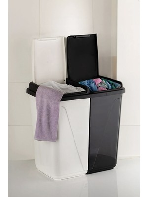 PremiumPort 90 Litre Çift Gözlü Siyah Beyaz Çamaşır Sepeti, Pratik ve Şık Tasarım