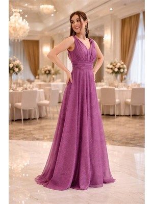 Neşeli Butik Kadın Mor V Yaka Simli Tül Abiye Elbise NBS9223