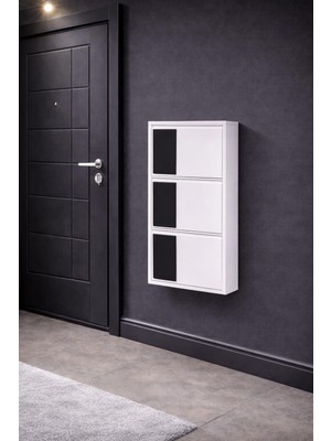 Arinna 3'lü Beyaz ( Siyah Ahşap Desenli ) Metal Ayakkabılık