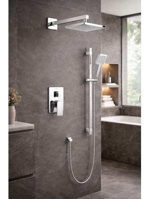 Mistillo Ankastre Duş Seti 2 Yönlü Kare 200x200 mm - Paslanmaz Pirinç Krom Kaplama- Sürgülü El Duşlu