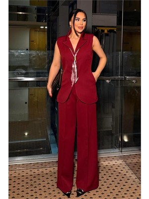Neşeli Butik Kadın Bordo Modern Kesim Fular Detaylı Palazzo Pantolon Yelek Ikili Takım NBSTR1618