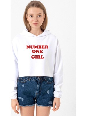Tshirthane Rose Number One Girl Beyaz Optik Kadın Crop Kapşonlu
