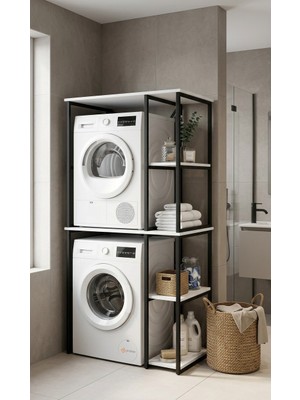 Pratico Maya 2 Katlı Çamaşır ve Kurutma Makinesi Standı Beyaz – Raflı Metal Organizer Dolap