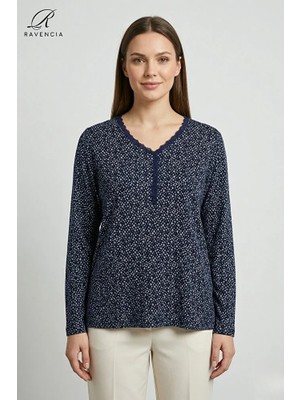 Ravencia Kadın V Yaka Yıldız Desen Baskılı Taşlı Düğmeli Likralı Anne Penye Bluz