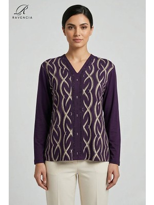 Ravencia Kadın V Yaka Cizgi Desen Baskılı Simli Taşlı Likralı Anne Penye Bluz
