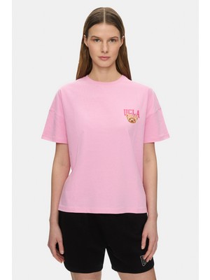 Ucla Lısa Açık Pembe Bisiklet Yaka Baskılı %100 Pamuk Loose Fit Kadın Tshirt