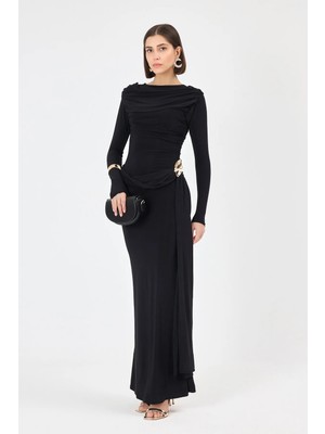 Diemmood Kadın Drapeli Vücudu Saran Asimetrik Uzun Kemerli Siyah Sandy Elbise
