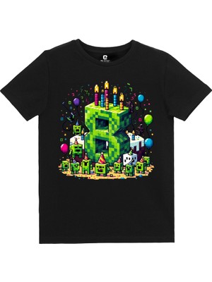 EZ Design Minecraft Doğum Günü 8 Yaş Baskılı Tasarım Çocuk T-Shirt