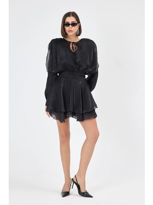 Diemmood Kadın Vatkalı Jakarlı Tül Siyah Mini Elbise