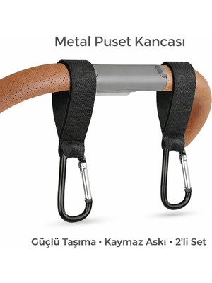 Rukiye Yavuz Pamuk Pazen Metal Puset Kancası 2’li Set – Bebek Arabası Askı Aparatı, Karabina Kancalı, Kaymaz Bantlı Güçlü Taşıyıcı