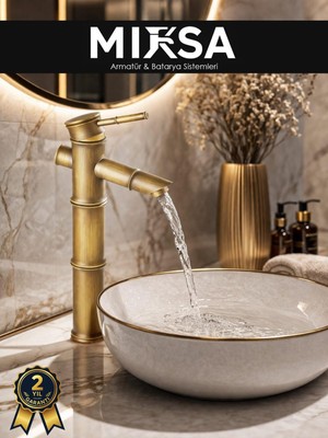 Mixsa Lüx Bambu Çanak Eskitme Gold Premıum Lavabo Bataryası